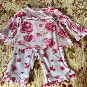 Polka tots- white & pink roses, 2piece ruffles, cotton, size 3/6 mo $35